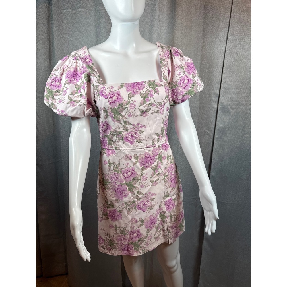 Altar State Pink with purple Flowers Square Neck Puff Sleeve‎ Mini Dress